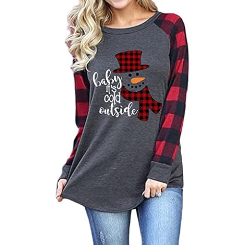 Nightempt Women's Christmas Baby It's Cold Outside Graphic Snowman Print Raglan Plaid Long Sleeve Casual O-Neck Pullover T Shirt Tops Color Grey Size M Cover