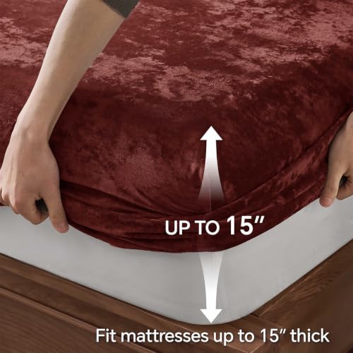 Image of BEDELITE Velvet Fitted Sheet and Pillowcase Set 3Pcs, Full, Burgundy | Double-Sided Plush Bottom Sheet, Luxuriously Soft & Warm, 360 Elastic & Corner Straps, 15 Inch Deep Pocket, Machine Washable