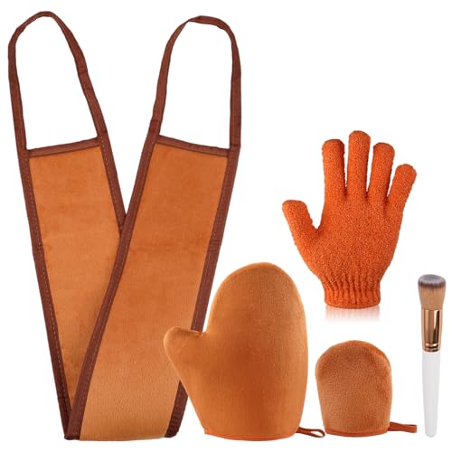 Kit de Aplicador de Bronceado Automático, 5 en 1 con Guante Autobronceador, Aplicadores De Espalda Bronceado, Guante Exfoliante, Mini Guante Facial y Brocha de Maquillaje, Reutilizables, Marrón
