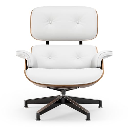 Image of Top White PU Leather, Mid Century Chaise Lounge Chair and Ottoman, Modern Chair Classic Design, Walnut Wood, Heavy Duty Base Support for Living Room Office