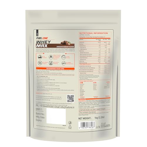 Image of FUELONE Whey Max (Chocolate Hazelnut, 1kg / 2.2lbs), 27g Protein | Whey Protein Concentrate & Whey Protein Isolate