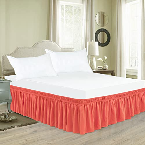 Biscaynebay Wrap Around Bed Skirts With Adjustable Belts For Queen Beds 15 Inch Drop, Coral Elastic Dust Ruffles With Adjustable Belts Silky Luxrious Fabric Machine Washable #TOP2