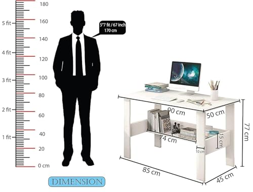 Image of Furniture Cafe Modern White Computer Desk with Storage Shelf - Study Writing Table for Home Office and Bedroom