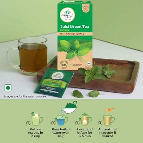 Image of A TATA Product - Organic India Tulsi Green Tea Classic - 25 Tea Bags, Uplifts Mood, Rich in Antioxidants, Blend of Rama, Krishna & Vana Tulsi, Certified Organic