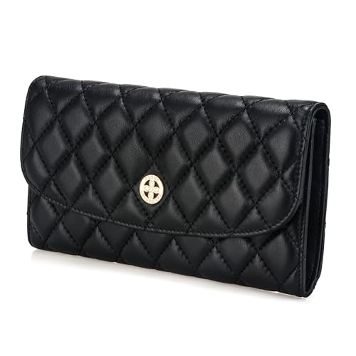 Luxury Quilted Leather Wallet Flap Long Wallet Credit Card Holder Coin Purse Business Card Holder Lady Clutch Gift for Women Girl Black