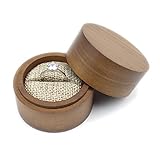 DSHOM Rustic Walnut Wooden Engagement Ring Box, Solid Wood Round Ring Box for Proposal Wedding Ring Storage