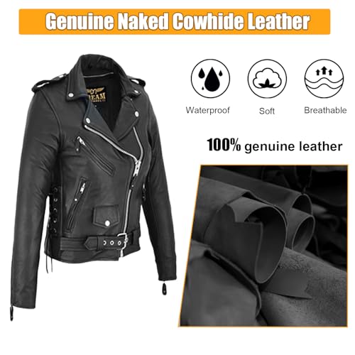 GARGOYLE BELLS Womens Motorcycle Jacket Classic Cowhide Leather Jacket with Lace Sided Leather Biker Coat for Women3