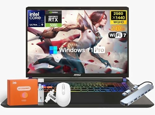 MSI Vector 16 HX AI 400 Gaming Laptop, NVIDIA RTX 5080 16GB GDDR7, 16" QHD+ 240Hz LCD Display, 5.4GHz Intel Ultra 9 275HX, 32 GB DDR5, 2 TB SSD, Thunderbolt 5, Wi-Fi 7, Windows 11 Pro, w/Accessorie