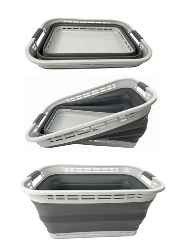 Image of SAMMART 42L (11 gallons) Collapsible Plastic Laundry Basket - Portable Pop Up Storage Container /Organizer - Portable Hamper - Space Saving Easy Storage (Grey /Steel Grey (Set of 2))