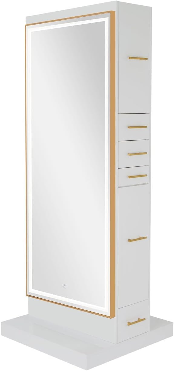 Buy-Rite Salon & Spa Equipment Modena Ultra Double Sided LED Styling Station for Professional Salons and Barbershops, Gold Frame with Gold Handles, NIN-MD-01-ULTRALED (Gloss White)