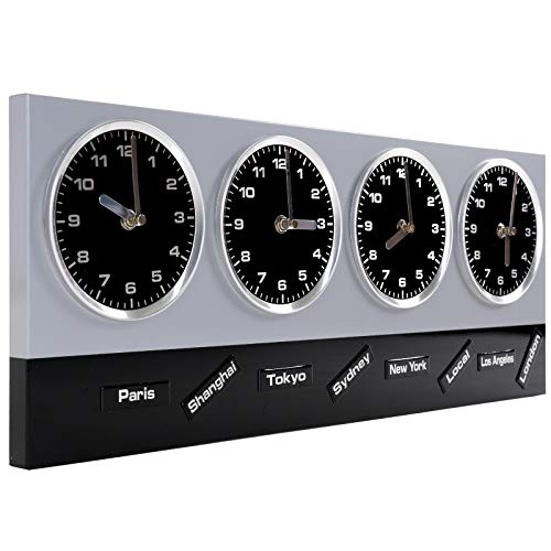 DESIGN DELIGHTS Orologio da Parete Moderno ORARIO Mondiale | Metallo, 4 movimenti, magneti con 8 metropoli mondiali | Orologio da Ufficio da Appendere | Colore: Argento Nero