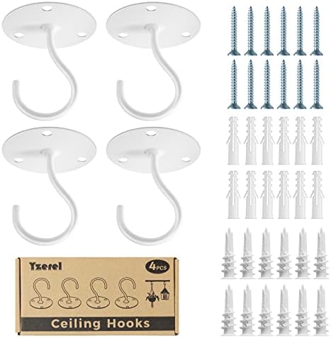 Yzerel Ceiling Hooks for Hanging Plants - Metal Plant Bracket Iron Wall Mount Lanterns Hangers for Hanging Bird Feeders, Lanterns, Wind Chimes, Planters, Outdoor Decoration Hooks (White 4pcs)