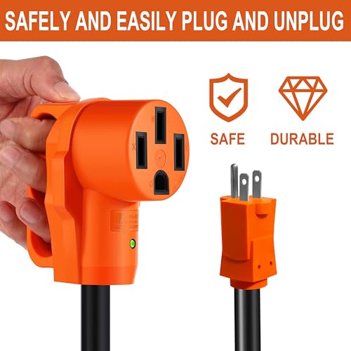 Image of 50 Amp to 110 Volt RV Adapter Cord, Dogbone NEMA 5-15P to 14-50R | RV Electrical Power Adapter with LED Indicator, 10 /3 Gauge Cable, 12 Inch Grip Handle, ETL Listed for Camper Travel Trailer