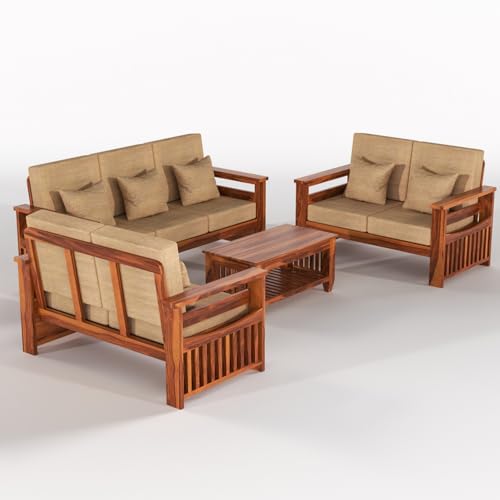 Image of Sheesham Wooden 7 Seater Sofa for Living Room | Rosewood 7 Seater Cushion Sofa Side Half Moon Rack | Solid Wood Sofa Set for Lounge (-3+2+2,Honey)