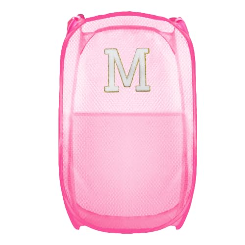 Image of Collapsible Pop Up Laundry Hamper, Extra Large with Removable Initial Letter M, Mesh Foldable Laundry Basket, 28 inch x 16 inch x 16 inch (Pink)
