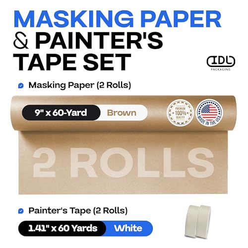 Image of IDL Packaging Masking Paper Set: 9 inch x 60 Yards Brown Masking Paper (2 Rolls) + 1.41 inch x 60 Yards White Tape (2 Rolls) - Masking Kit for Painting Projects and Home Improvements - Surface Protection