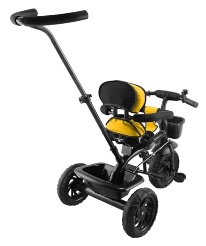 Image of JoyRide Learn-to-Ride Trike on 3 Wheels with Safety Harness, Non-Slip Pedal,Storage Basket and Removable Parent Handle (Yellow)