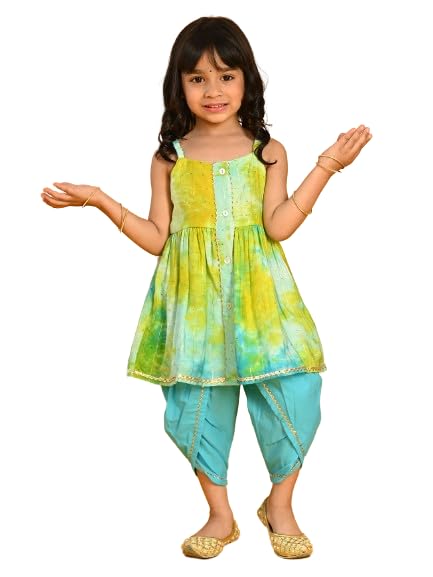 Image of Saka Designs Tie & Dye Blue and Sea Green Jhabla and Dhoti