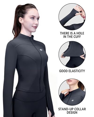 Pobodo Women's Slim Fit Full Zip Yoga Jacket with Thumb Holes, Lightweight Stand Collar Workout Top No Pockets — view 3