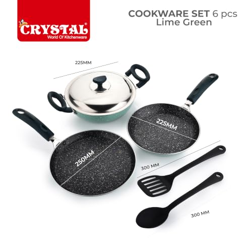 Image of Crystal Aluminum 6 Pcs Non Stick Cookware Set | Gas Stove Friendly | Tawa, Fry Pan, Kadhai with Lid, Laddle & Spatula | Durable 4 Layer Non Stick Coating | PFOA Free | Light Green