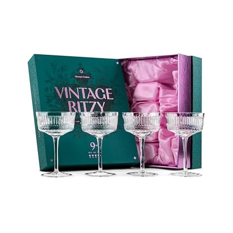 GLASSIQUE CADEAU Vintage Ritzy Cocktail and Champagne Coupe Glasses | Set of 4 | 7 oz Crystal Long Stemmed Glassware for Drinking Martini, Cosmopolitan, Manhattan | Retro Saucers Cover