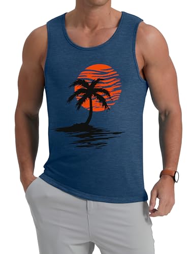 IWOLLENCE Mens Vest Tops Cotton Summer Hawaiian Printed Round Neck Beach Mens Holiday Vests Casual Sleeveless Tshirt Men (Blue Flecked Sunset Palm, M)