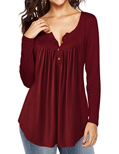 AMCLOS Womens Solid Tops V Neck T-Shirts Swing Ruffle Blouses Button up Tunic Casual Flowy Loose Long Sleeve(Wine Red,XL)
