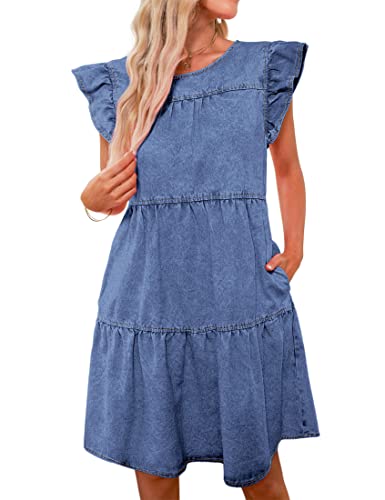 Image of luvamia 2025 Denim Dress for Women Summer Babydoll Sleeveless Ruffle Sleeve Mini Dresses Loose Flowy Swing Pleated Dress