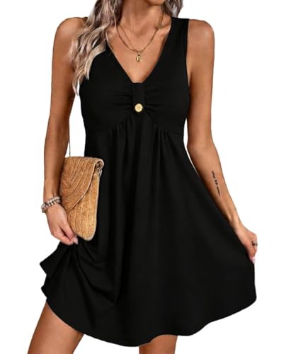 ROFUSSO Robes D'été pour Femmes 2026 Robe sans Manches à col en V Robe Décontractée A-Line Gilet Débardeur Mini-Robes D'été(Noir,M)