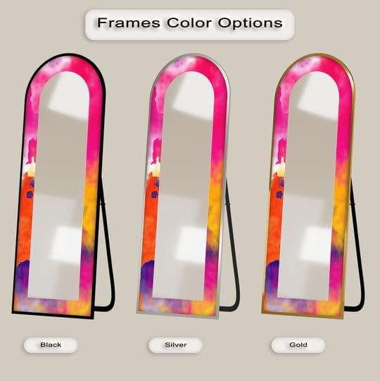 23,5’’W x 67’’H Fluid Pink and Orange - Abstract Floor Mirror Arched Full Lenght Mirror - Arch Full Body Stained Floor Mirror with Black Frame with Silver Frame