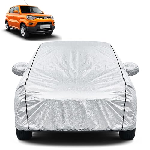 Image of Waterproof Car Cover for Maruti Suzuki S-Presso | Dustproof, UV Resistant & Scratch Protection | Soft Cotton Lining | Triple Stitched | Mirror Pockets & Elastic Fit | Silver