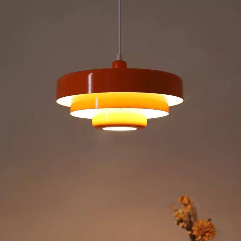 Lámpara Colgante de Estilo Mid Century, 1 luz, Color Naranja, Pantalla de 3 Capas, diseño Vintage de Metal, Montaje Empotrado, Ideal para Mesa de Comedor, Isla de Cocina o Pasillo (Naranja).