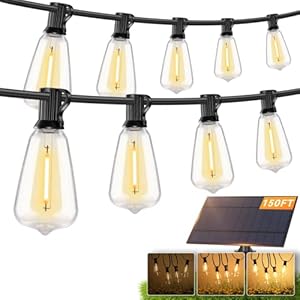 Brightever 150FT Solar String Lights Outdoor Waterproof with Remot, 55+2 Shatterproof ST38 LED Bulbs, Dimmable & 3 Lighting Modes, Warm White Solar Patio Lights for Balcony, Deck, Wedding