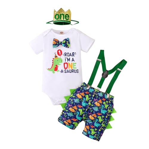 Baby Boy 1st Birthday Clothes Bow Tie Dinosaur Romper Pants Set Adjustable Y Back Suspenders Cake Smash Outfits