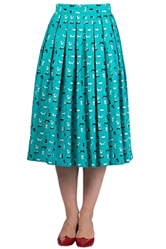 Dancing Days 60's Retro Kitty Love Vintage Kitty cat Print Pleated midi Skirt - Teal Green