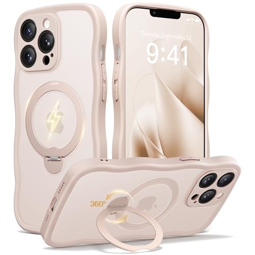 CAPRARO for iPhone 13 Pro Case with 360 Spin Magnetic Stand for Women [Compatible with MagSafe] [Full Camera Protection] Cute Wave Translucent Matte Case for iPhone 13 Pro Rose Gold