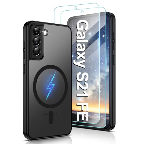 Pilaru Magnetic for Samsung S21 FE Case [Compatible with MagSafe] 2X Screen Protector | Anti-Yellowing & Fingerprint Shockproof Skin-friendly Slim Fit Translucent Matte for Galaxy S21 FE Black