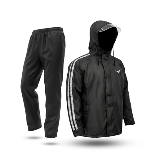 Image of Xtrim Rain Jacket Set for Men with Hood, Waterproof Top & Bottom Raincoat Suit, Windproof Polyester PVC Rainwear with Reflective Trim, Lightweight Foldable Outdoor Rain Gear for Bike Riding & Travel