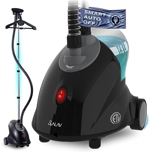 SALAV Standing Garment Steamer for Clothes with Auto-Off Safety, 1500W, 1.8L Tank for 60 mins Continuous Steam, Adjustable Pole, Easy Mobility, Removes Wrinkle Fast + Descaler Packet - Black