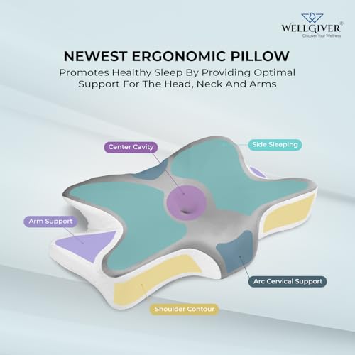 Image of WELLGIVER Cervical Butterfly Pillow | Orthopedic Memory Foam for Neck & Shoulder Pain | Ergonomic Contour Design | Dual Height Support | Side Sleeper Pillow with Arm Rest - Pack of 1