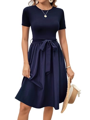 Image of Women's Elegant Vintage Round Neck Short Sleeve Summer Casual Work Party A-Line Dress with Belt 809