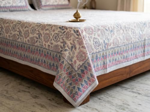 Image of Pure Cotton King Size Bedsheet with 2 Pillow Covers | Traditional Floral Jaipuri Print Flat Bed Sheet for Double Bed (93 x 108 Inches, Multicolor)