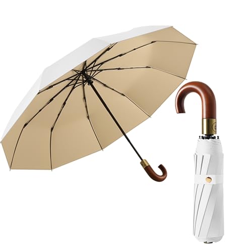Luxurious Folding Umbrella for Men Travel Portable Golf/Car Backpack/Automatic Open/Close Coating Layer Fabric Blocking/Rain Sun Anti UPF 50 UV Protection 99.9% Crook Real Wooden J Handle