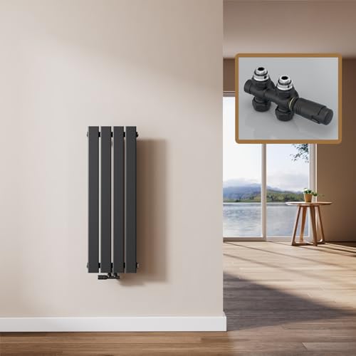 EMKE Radiador de Diseño Vertical, 90 x 30 cm, Radiador de Pared Plano de Acero, Panel Simple, Conexión Central, Negro, 403W (incluye válvulas)