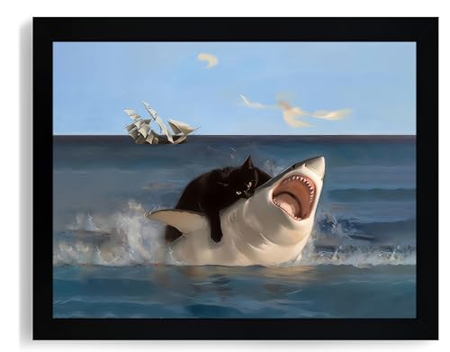 ICHZUMW Funny Black Cat Biting Shark Canvas Wall Art Framed, Quirky Cat Riding Portrait Picture Print, Humorous Unique Whimsical Animal Painting Wall Decor, Bathroom Living Room Bedroom, 8x10in