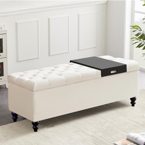 Living&Giving Storage Ottoman 50.2 Inches Upholstered Fabric Storage Ottoman Bench Button Tufted Ottoman with Storage for Living Room Bedroom End of Bed Bench Withstands 304lbs (Ivory-TP)