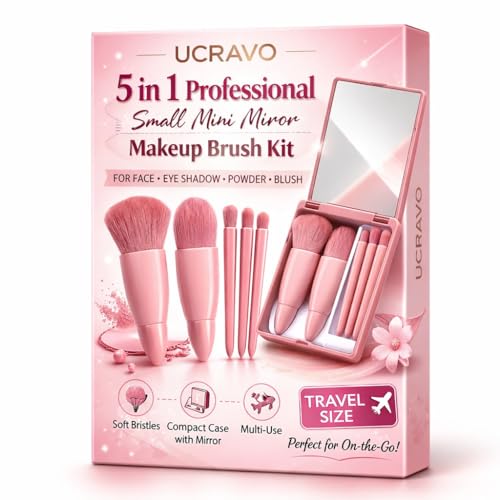 Image of UCRAVO 5-in-1 Small Mini Makeup Brush Kit with Mirror - Compact Travel Cosmetic Set for Face, Eyeshadow, Blush, Powder & Lip Application - Portable Makeup Brush Kit for Women, Teens & Beginners