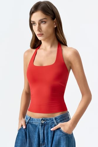 Image of QINSEN Womens Halter Top Double Lined Tank Top Sleeveless Open Back Slim fit Going Out Tops