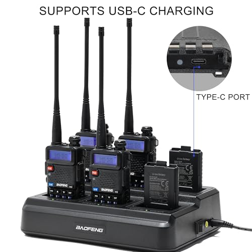 Image of Baofeng UV-5R Dual Band Two Way Radio Rechargeable Ham Radio USB C Charging | UV5R 6-Way Charger, Handheld Long Range Walkie Talkies 6 Pack for Team Management Church Warehouse Hiking Hunting Trip Black