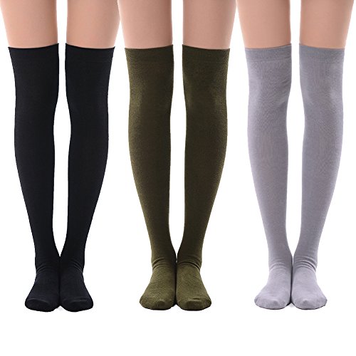Green Grey Thigh High Tights Socks, MEIKAN Comfortable Women Black Over Knee High Socks Costumes for Women 3 Pairs (Army Green,Light Grey,Black)